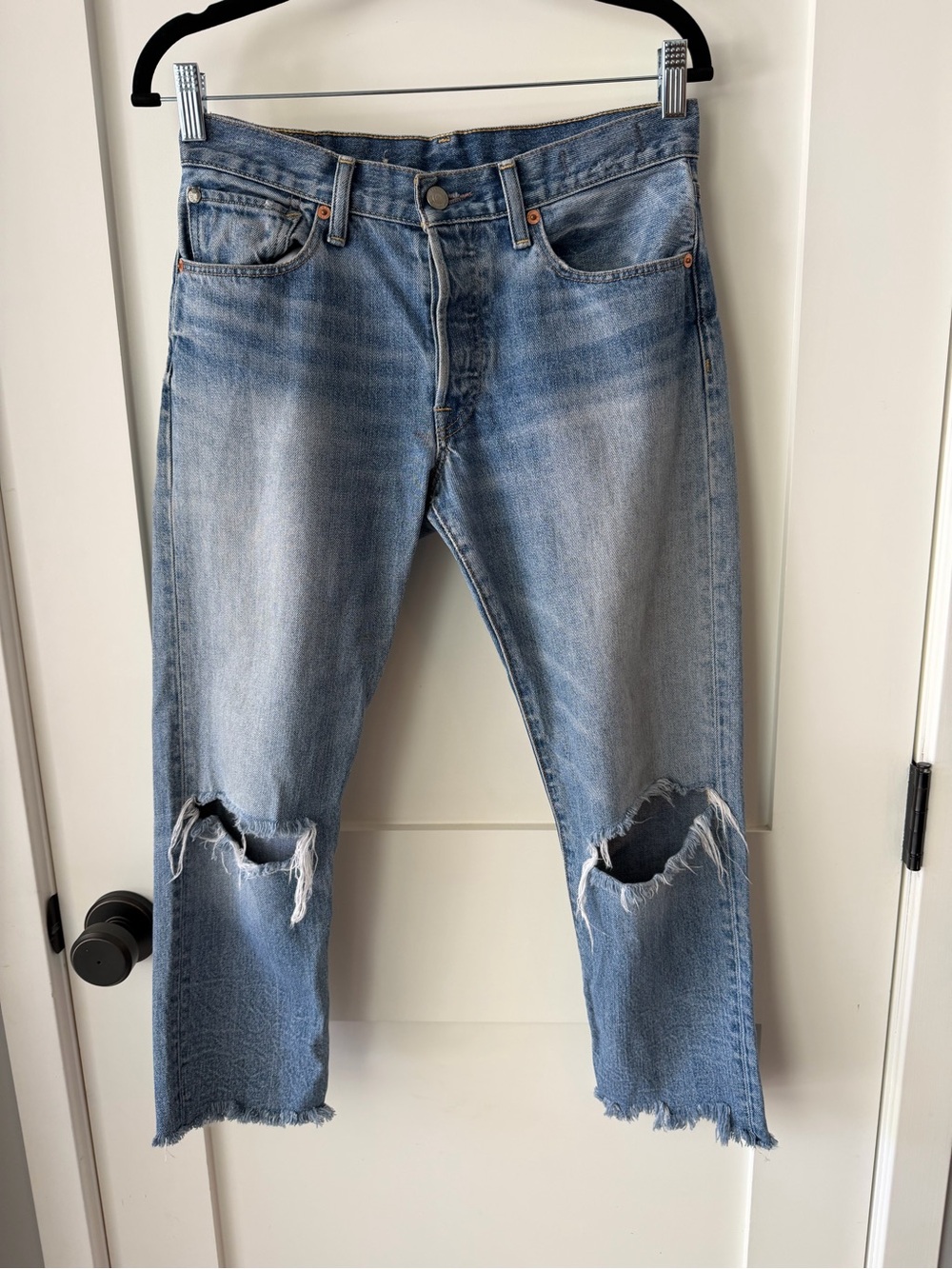 Denim & Supply Ralph Lauren Light Blue Distressed Cropped Straight Leg Denim